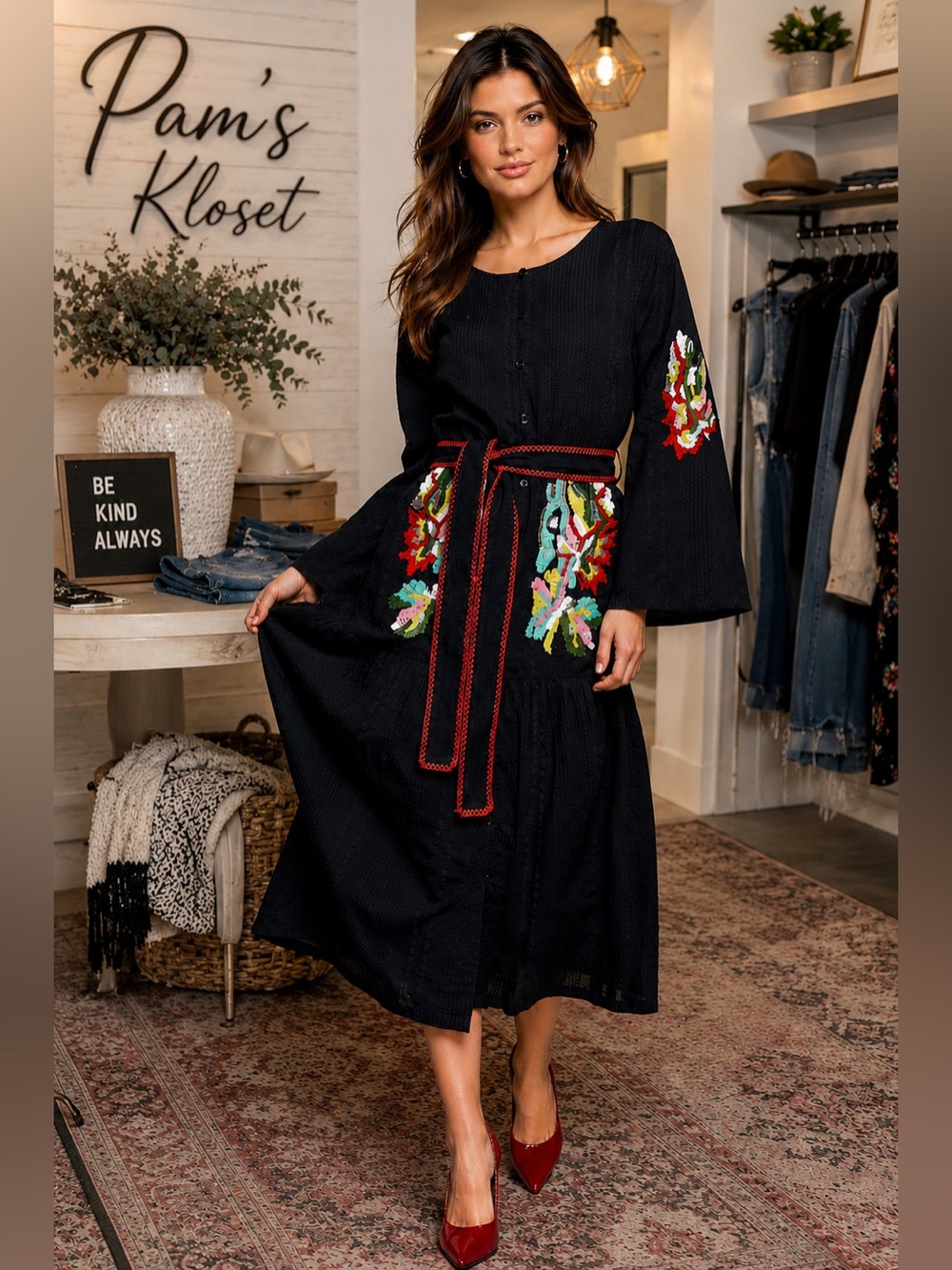 POL Black Midi Dress with Multicolor Floral Embroidery and Red Trim